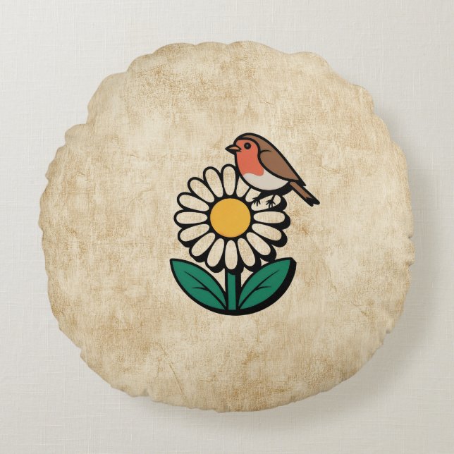 Daisy en Bird Design Rond Kussen (Voorkant)