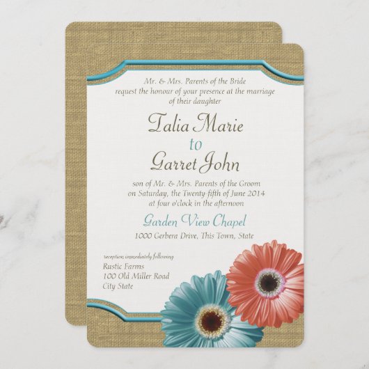 Daisy en Burlap Coral en Aqua Kaart (Voorkant / Achterkant)