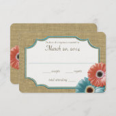 Daisy en Burlap Coral en Aqua Reply RSVP Kaartje (Voorkant / Achterkant)