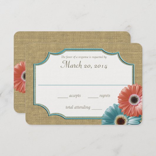Daisy en Burlap Coral en Aqua Reply RSVP Kaartje (Voorkant / Achterkant)