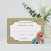 Daisy en Burlap Coral en Aqua Reply RSVP Kaartje (Staand voorkant)