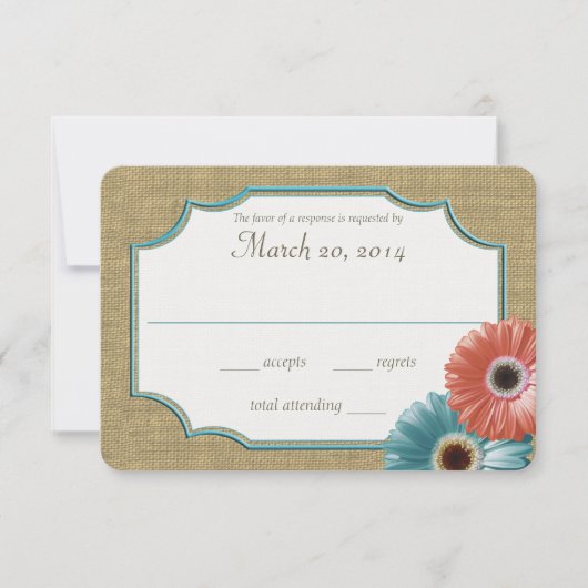 Daisy en Burlap Coral en Aqua Reply RSVP Kaartje (Voorkant)