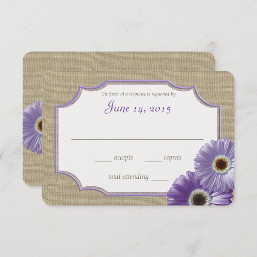 Daisy en Burlap Lavendel Paarse reactie RSVP Kaartje (Voorkant / Achterkant)