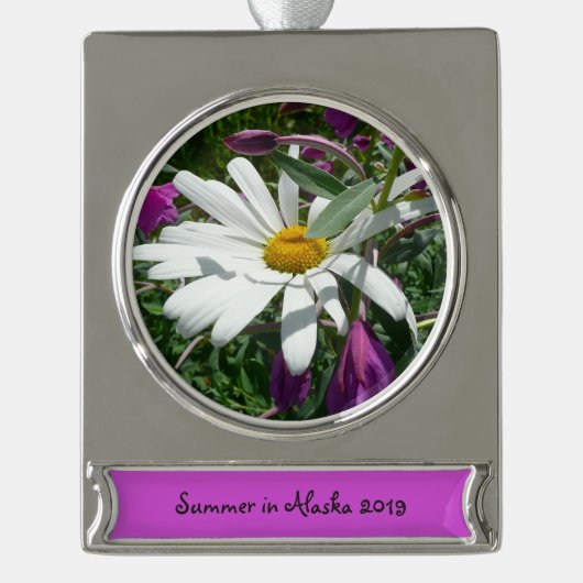 Daisy en Fireweed Wildflower Verzilverd Banner Ornament (Voorkant)
