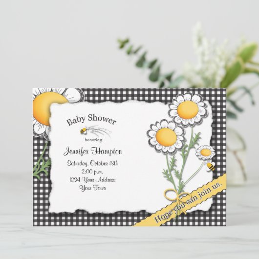 Daisy en Gingham Baby shower Invitation Kaart (Staand voorkant)