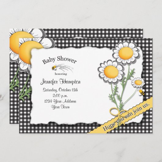 Daisy en Gingham Baby shower Invitation Kaart (Voorkant / Achterkant)