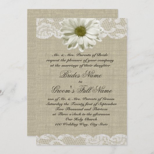 Daisy en Lace Country Burlap bruiloft Kaart (Voorkant / Achterkant)
