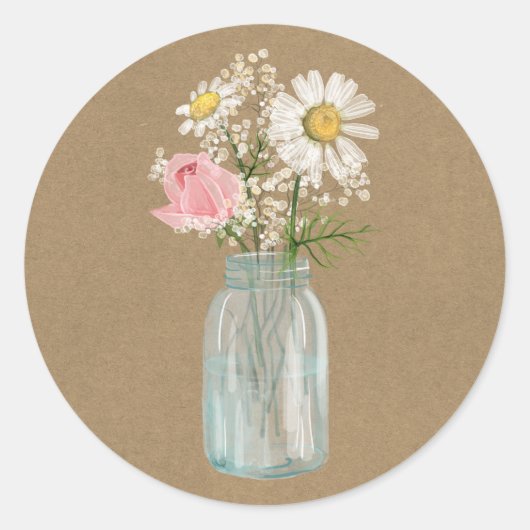 Daisy en Roos in Mason Jar Rustic Kraft Papier Ronde Sticker (Voorkant)