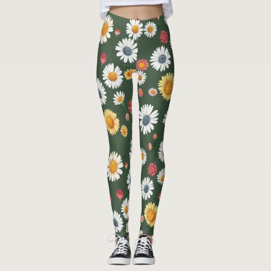 Daisy en Zonnebloem Bloemen Naadloos Patroon Leggings (Voorkant)