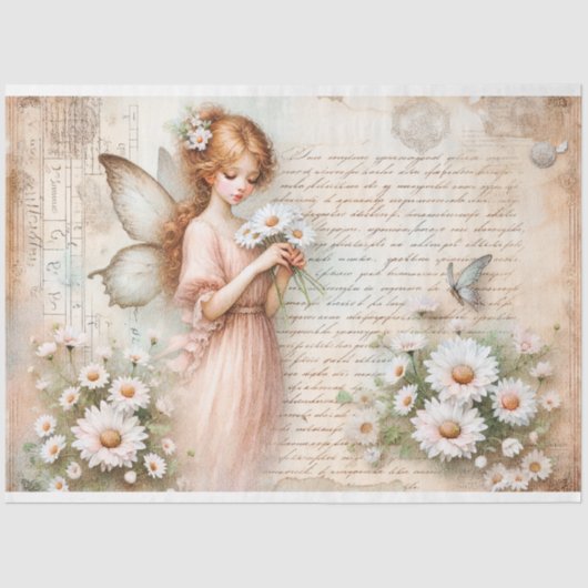 Daisy Fairy & Vlinder Script Ephemera Decoupage Tissuepapier (Voorkant)