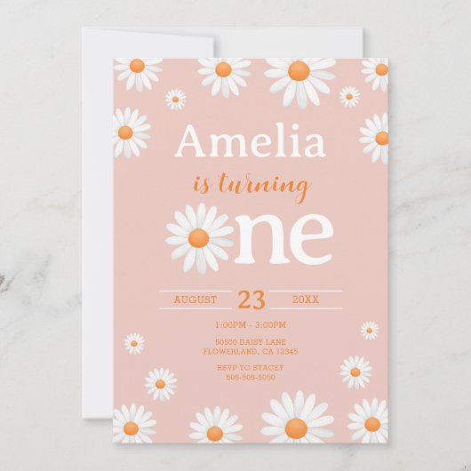 Daisy First Birthday Invitation, Boho Roze Bloemen Kaart (Voorkant)