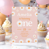 Daisy First Birthday Invitation, Boho Roze Bloemen Kaart