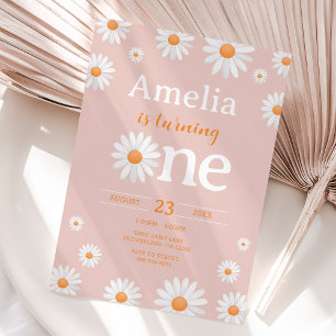 Daisy First Birthday Invitation, Boho Roze Bloemen Kaart
