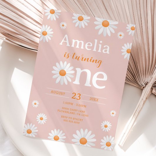 Daisy First Birthday Invitation, Boho Roze Bloemen Kaart