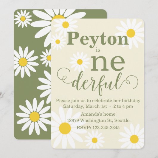 Daisy First Birthday Invitation Kaart (Voorkant / Achterkant)