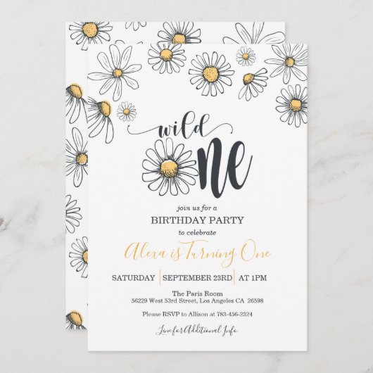 Daisy First Birthday Invitation - Wild One - WH Kaart (Voorkant / Achterkant)