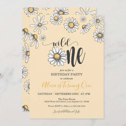 Daisy First Birthday Invitation - Wild One - Ylw Kaart (Voorkant / Achterkant)