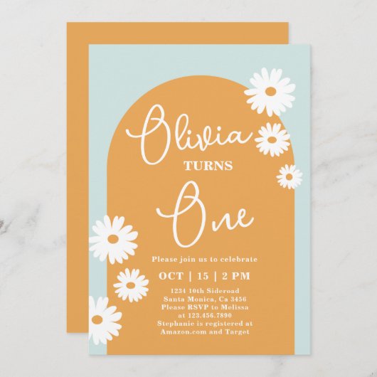 Daisy Floral 1st Birthday Invitation Kaart (Voorkant / Achterkant)
