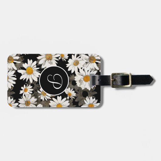 Daisy Floral Black en White Monogram Initiaal Bagagelabel (Voorkant horizontaal)