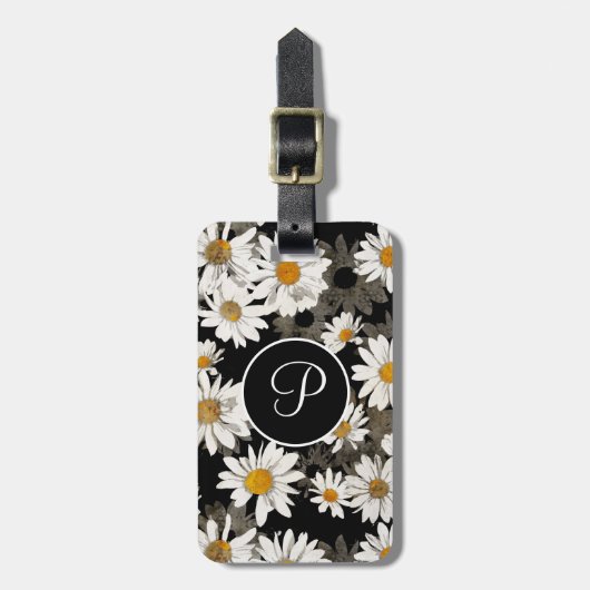 Daisy Floral Black en White Monogram Initiaal Bagagelabel (Voorkant verticaal)