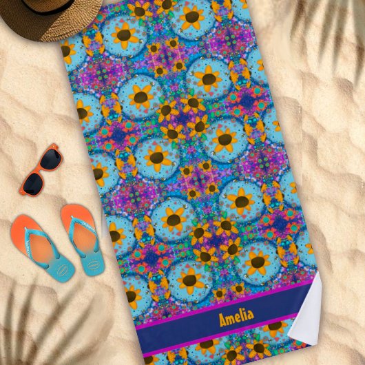 Daisy Floral Blue Custom Name Patroon Trendy Strandlaken