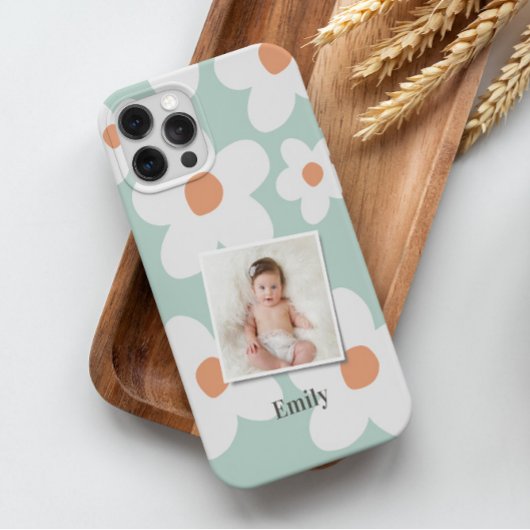 Daisy floral boho retro oranje blauw foto Case-Mate iPhone case