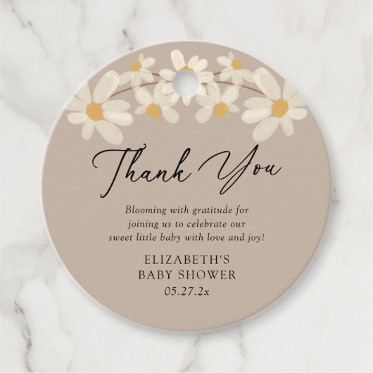 Daisy Floral Brown Baby shower Bedankt Bedankjes Labels (Voorkant)