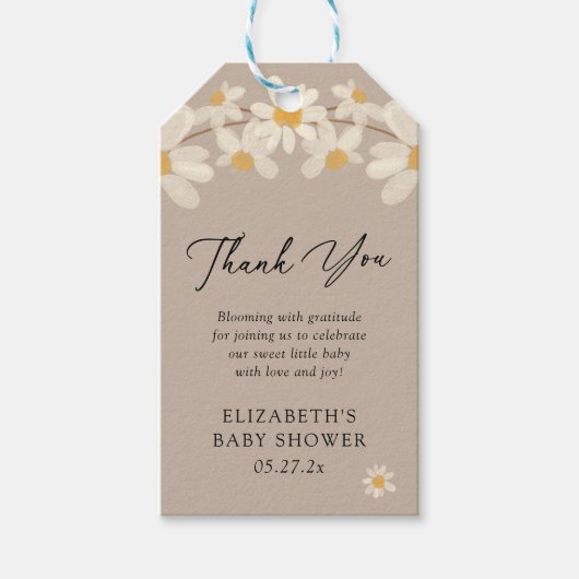 Daisy Floral Brown Baby shower Bedankt Cadeaulabel (Voorkant)