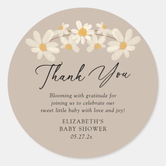 Daisy Floral Brown Baby shower Bedankt Ronde Sticker (Voorkant)