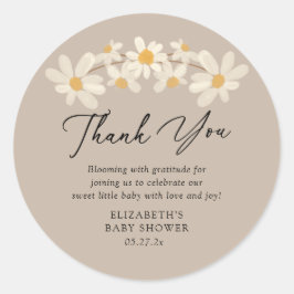 Daisy Floral Brown Baby shower Bedankt Ronde Sticker