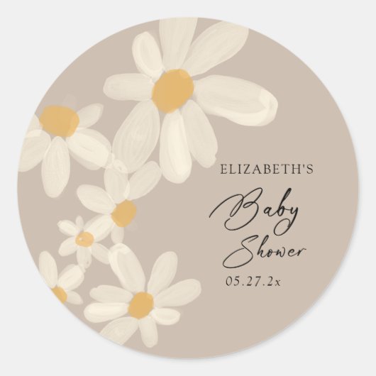 Daisy Floral Brown Baby shower Ronde Sticker (Voorkant)