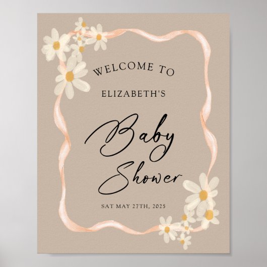 Daisy Floral Brown Baby shower Welkomstbord Poster (Voorkant)