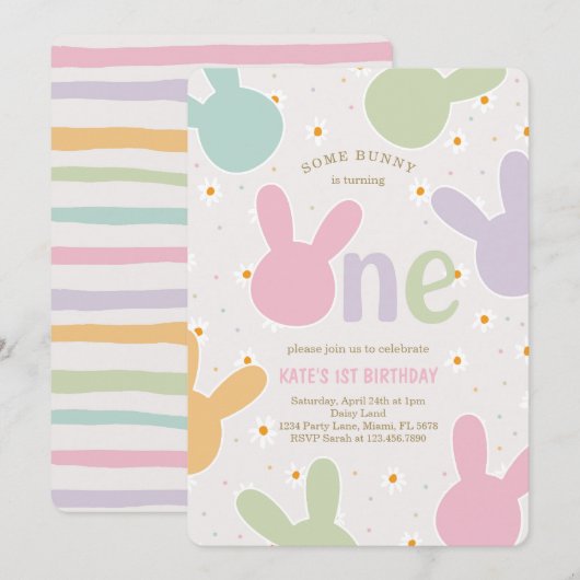 Daisy Floral Bunny 1e verjaardag Kaart (Voorkant / Achterkant)