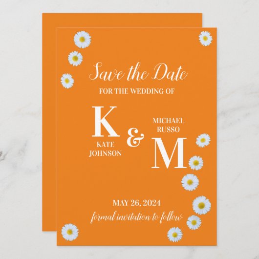 Daisy Floral Eenvoudig Sinaasappel Wit Save The Date (Voorkant / Achterkant)