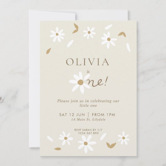 Daisy Floral First Birthday Invitation - Beige Kaart (Voorkant)
