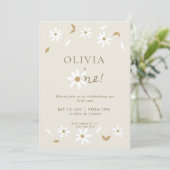 Daisy Floral First Birthday Invitation - Beige Kaart (Staand voorkant)