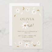 Daisy Floral First Birthday Invitation - Beige Kaart (Voorkant / Achterkant)