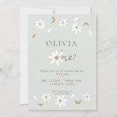Daisy Floral First Birthday Invitation - Sage Kaart (Voorkant)