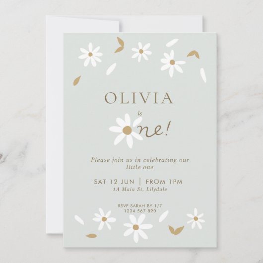 Daisy Floral First Birthday Invitation - Sage Kaart (Voorkant)
