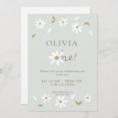 Daisy Floral First Birthday Invitation - Sage Kaart (Voorkant / Achterkant)