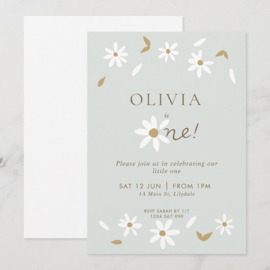 Daisy Floral First Birthday Invitation - Sage Kaart (Voorkant / Achterkant)