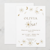 Daisy Floral First Birthday Invitation - White Kaart (Voorkant / Achterkant)