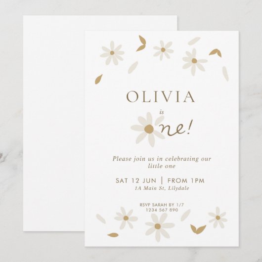 Daisy Floral First Birthday Invitation - White Kaart (Voorkant / Achterkant)