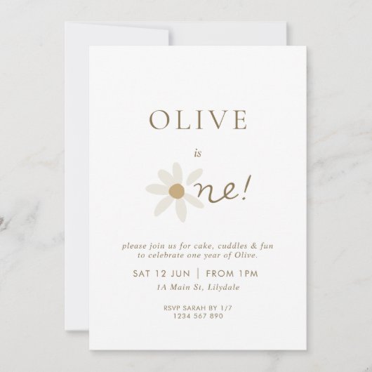 Daisy Floral First Birthday Invitation - White Kaart (Voorkant)