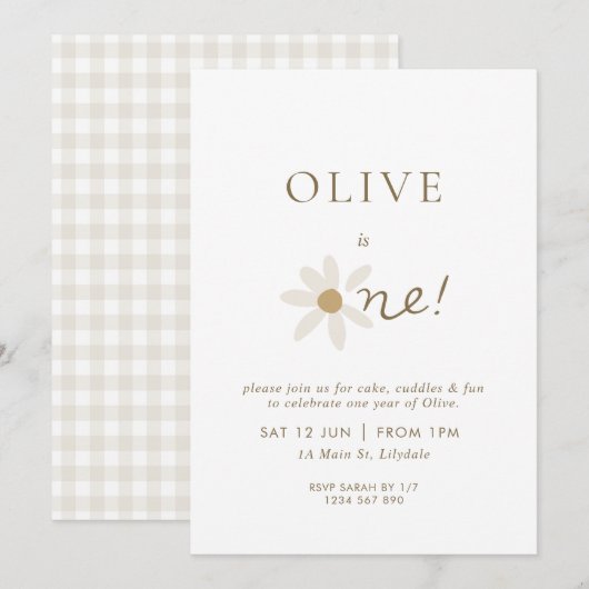 Daisy Floral First Birthday Invitation - White Kaart (Voorkant / Achterkant)
