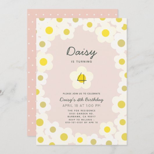 Daisy Floral Pink Birthday Uitnodiging (Voorkant / Achterkant)