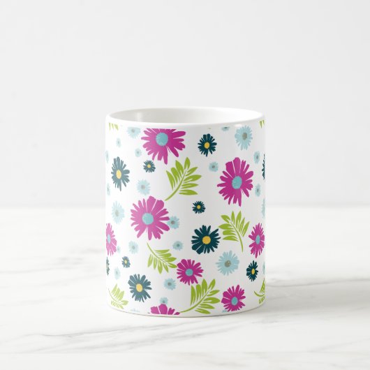 Daisy Floral Pink Blue Green Leaf Pattern Koffiemok (Center)