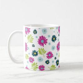 Daisy Floral Pink Blue Green Leaf Pattern Koffiemok