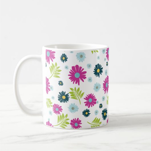 Daisy Floral Pink Blue Green Leaf Pattern Koffiemok (Links)