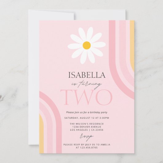 Daisy Floral Retro Roze Twee Verjaardagsfeestje Kaart (Voorkant)